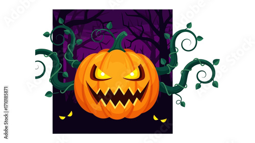 Spooky Halloween Pumpkin: A menacing carved pumpkin, with glowing eyes and a wicked grin, is surrounded by gnarled vines and a dark, mysterious background.