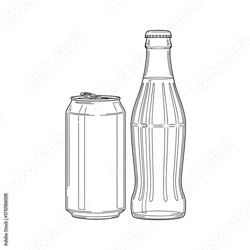 Vector art of soda can and bottle outline, representing refreshing beverages and the contrast between modern and classic packaging
