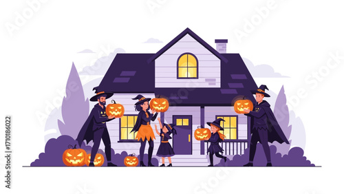 Family's Halloween Home Decor: A family happily decorates their home for Halloween with pumpkins and costumes, showcasing the joyous spirit of the holiday.