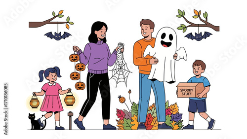 Halloween Family Preparations: A close-knit family unites to create a festive, fun-filled Halloween scene, gathering decorations and embodying the excitement of the holiday.