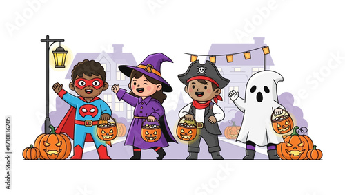 Halloween Costume Parade: A charming illustration showcases a group of children dressed in playful costumes, capturing the spirit of Halloween and trick-or-treating.