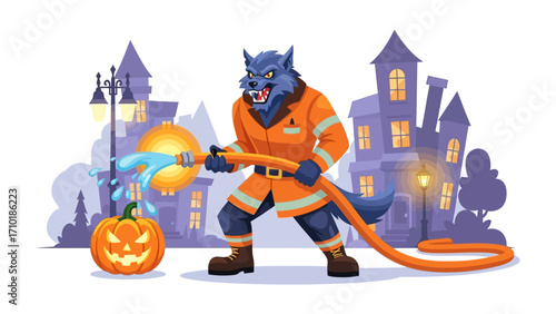 Werewolf Firefighter on Halloween: A fierce werewolf, clad in a firefighter's uniform, battles a mischievous pumpkin with a water hose in a spooky Halloween scene, embodying courage, control.