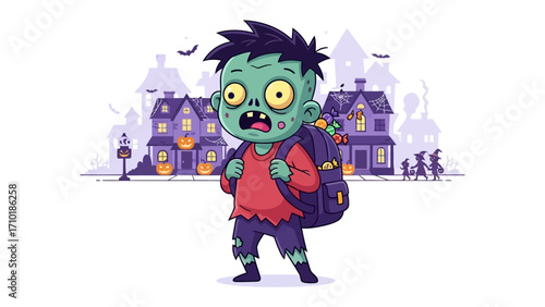 Spooky Zombie Child illustration: An endearing illustration of a zombie child with wide eyes and tattered clothes, embarking on a school day adventure, a playful scene for Halloween enthusiasts.