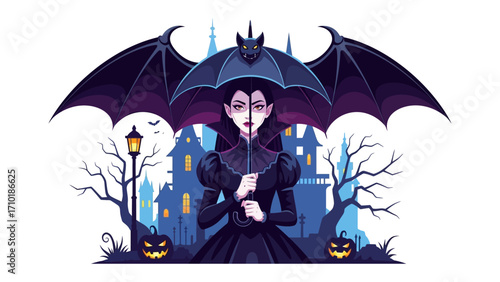 Eerie Witch with Bat Umbrella: A gothic-inspired illustration of a witch standing beneath a bat-winged umbrella, casting an enchanting and slightly ominous spell within a Halloween scene.