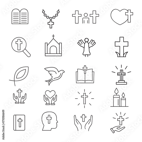 Christian line icon set.Simple Set of Religion Symbols.Cross, bible, christmas, easter, dove, fish, beads, commandments, Temples, Divine Book Editable stroke Vector  illustration..eps