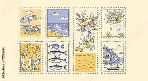 Collection of illustrated postage stamps featuring beach scenes, olive branches, and marine life.