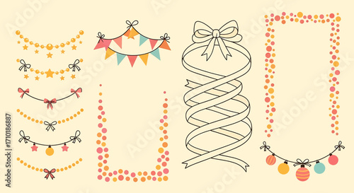 Festive borders and garlands with stars, flags, ribbons, and colorful dots on a beige background.