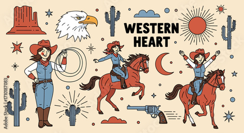 Western Heart: Cowgirls, horses, desert landscape, and other western elements.
