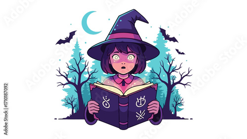 Mystical Witch: A young witch immersed in her spellbook under the moonlight, surrounded by a spooky forest, evokes feelings of curiosity, magic, and mystery. 