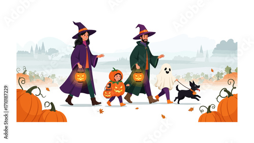 Spooky Halloween Stroll: A family dressed in whimsical Halloween costumes, walking through a festive pumpkin patch with their ghostly friend and playful dog.