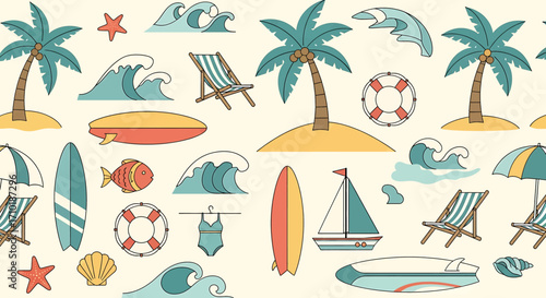 Seamless pattern of colorful beach and summer vacation elements including palm trees, surfboards, waves, and beach chairs on a light background.