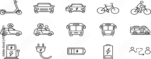 Electric and Sustainable Transportation line Icon set. Vector Illustration of Eco-Friendly Travel, Featuring Scooter, Car, Bike, Ride-Sharing, and Public Transit Symbols in Outline styl