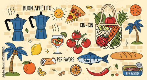 Illustration of Italian food and drinks with text elements on a beige background.