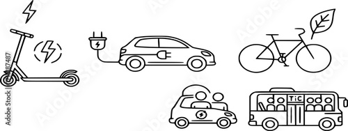 Electric and Sustainable Transportation line Icon set. Vector Illustration of Eco-Friendly Travel, Featuring Scooter, Car, Bike, Ride-Sharing, and Public Transit Symbols in Outline styl