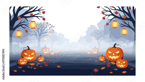 Spooky Pumpkin Path: A chilling cartoon illustration of jack-o'-lanterns casting an eerie glow along a foggy pathway, framed by silhouette trees and autumn leaves.