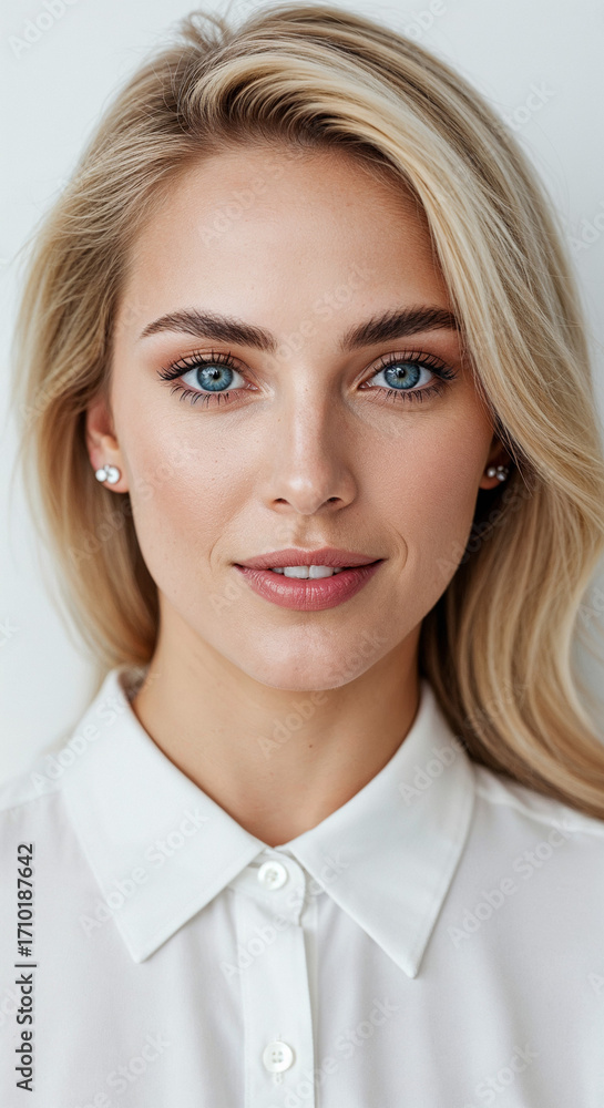 Portrait of a smiling blonde woman with blue eyes on white background. Portrait of a smiling blonde woman with blue eyes on white background.