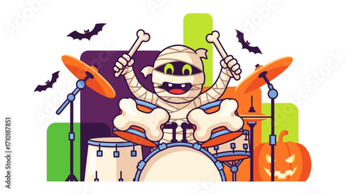 Spooky Drummer: A whimsical illustration of a mummy, gleefully banging away on a drum kit with bone drumsticks, surrounded by Halloween decorations.