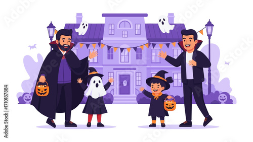 Spooky night illustration: A vibrant, cartoon illustration showcases the thrill of Halloween, featuring children trick-or-treating in front of a spooky house, accompanied by their parents.