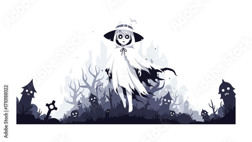Ethereal Halloween Witch: A whimsical illustration of a witch, adorned in a hat and cape, hovers amidst a spooky graveyard scene.