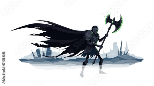 The Shadow Sentinel: An armored figure, cloaked in shadows, stands poised with a glowing axe, ready to guard against any danger.