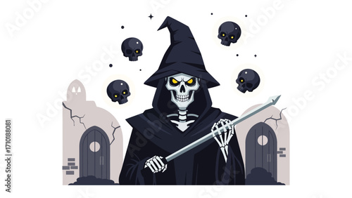Mysterious Grim Reaper with a scythe: The Grim Reaper stands ready in a spooky cemetery, set against a backdrop of gravestones and floating skulls.