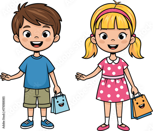 Cute cartoon boy and girl standing together, smiling children illustration, happy kids holding shopping bags, playful childhood vector design art