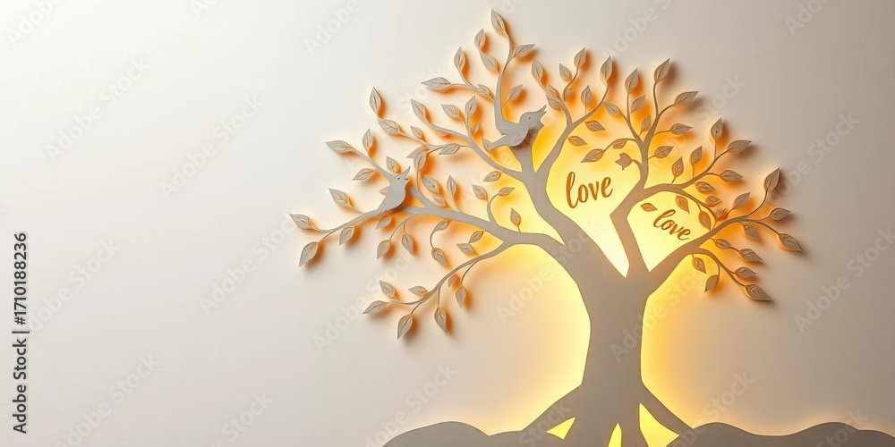 Obraz premium A whimsical papercut bird tree, symbolizing love and growth, art, intricate