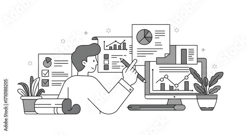 A person sitting at a desk with a computer and a plant for business presentation, website design, technology blog, or digital marketing