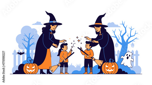 Spells and Festivities: A spooky Halloween-themed illustration featuring witches and children, set in a vibrant, cartoonish style.
