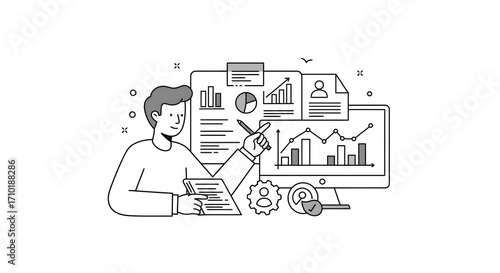 A man working on a computer with a graph on the screen for business presentation, website design, technology blog, or digital marketing