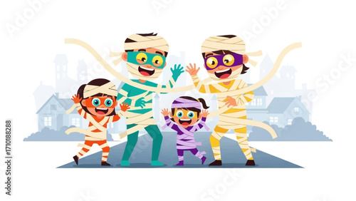 Spirited Mummy Family: A lively family dressed as mummies joyfully poses against a serene residential backdrop, radiating enthusiasm and togetherness, perfect for Halloween celebrations.