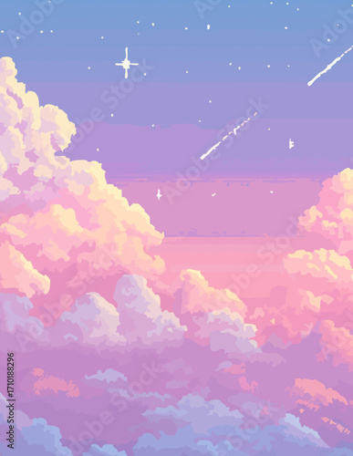 Pastellfarbener Himmel mit Wolken und Sternschnuppen - Vektorillustration