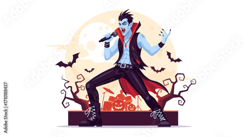 Vampire Performer on Stage: A captivating vampire singer takes center stage during a Halloween concert, delivering a spellbinding performance amidst spooky decorations.