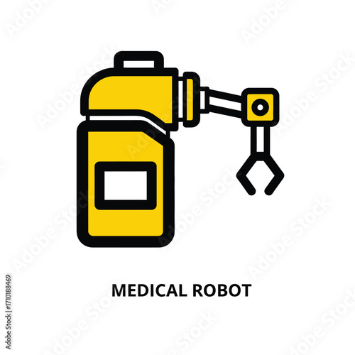 Yellow medical robot arm with gripper icon