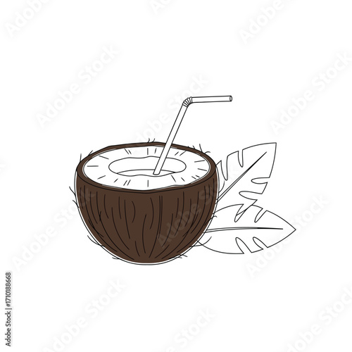 Vector art of a halved coconut with a straw and leaf, , evokes tropical vibes and the refreshing taste of coconut water