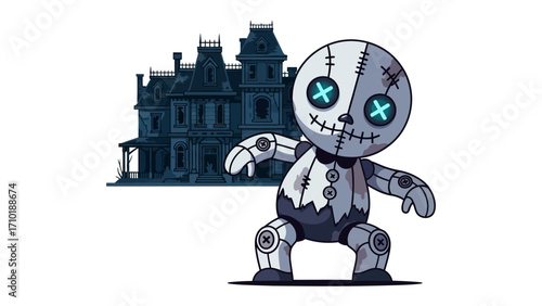 Haunted Doll and Mansion: A spooky illustration showcasing a sinister doll standing proudly in front of a haunted house. The image evokes a sense of mystery and dread, perfect for Halloween themes.