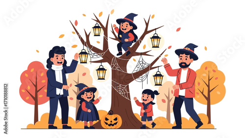Halloween Family Decorating Tree: A vibrant illustration of a family engrossed in adorning a bare tree with lanterns and spider webs, embodying the joyous spirit of Halloween in a heartwarming scene.