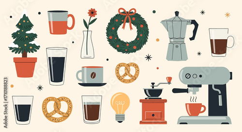 A delightful collection of coffee-making essentials and festive holiday decorations, including cups, an espresso machine, a moka pot, a grinder, a Christmas tree, and a wreath.