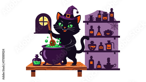 Enchanting Brew: A whimsical black cat, donned in a witch's hat, stirring a bubbling potion in a cauldron, surrounded by a mysterious array of bottles and shelves, evokes Halloween. 