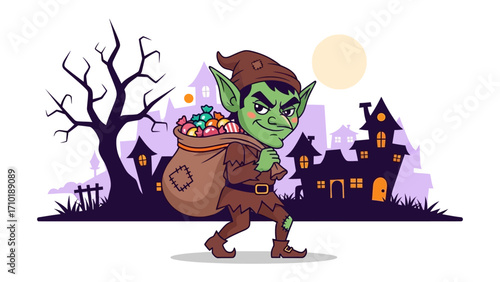 Halloween Goblin with Stolen Sweets: A mischievous goblin, cloaked in shadow, embarks on a midnight mission.