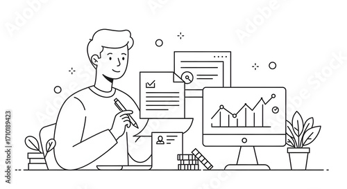 A man sitting at a desk with a laptop and a pen in his hand for business presentation, website design, technology blog, or digital marketing