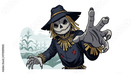 Spooky Scarecrow: A striking illustration of a sinister scarecrow, exuding an aura of mystery and intrigue. Its hollow eyes and eerie grin captivate the imagination.