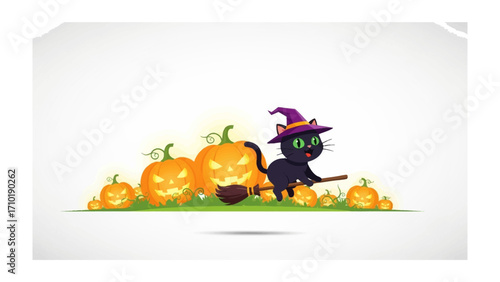 Halloween Cat with Pumpkin Patch: A playful Halloween scene featuring a black cat in a witch hat riding a broom, surrounded by grinning jack-o'-lanterns.