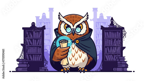 Wise Owl Librarian: A wise owl, adorned with spectacles and a cape, stands amidst the towering bookshelves of a grand library, cradling a scroll with an air of scholarly elegance and magical mystery.