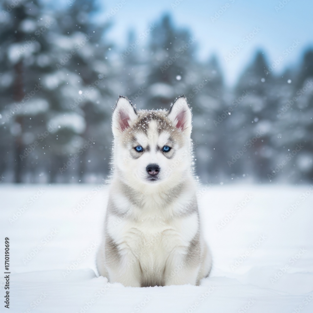 Naklejka premium Adorable husky puppy with bright blue eyes sitting in the snow during a winter day