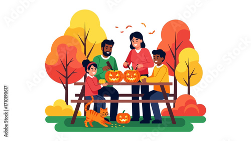 Autumnal Family Fun: Capture a heartwarming moment of a family carving pumpkins, a traditional seasonal activity. Witness the vibrant scene of carving the pumpkin together on a bench.