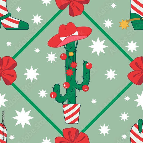 Cowgirl Christmas Seamless pattern. Winter Cowboy theme, Boot like Christmas candy cane, Cactus like Christmas Three and bow in Red and Green Christmas Style. Print for Wrapping paper, New Year Party.