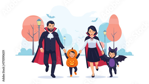 Halloween Family Fun: A spirited family revels in the joy of Halloween, costumed in festive attire against a whimsical backdrop, creating a perfect snapshot of the holiday.