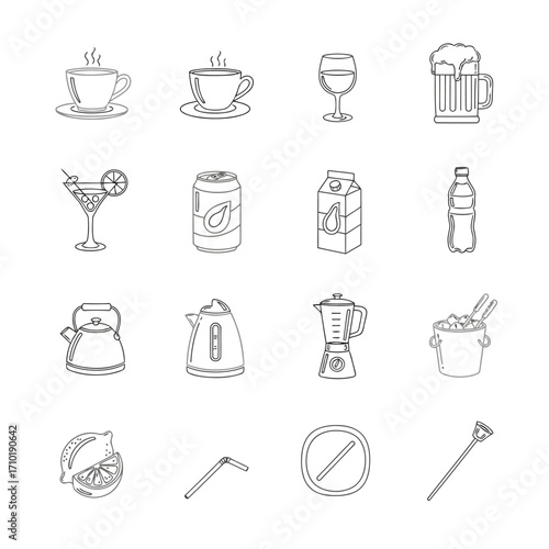 Vector art of a variety of beverage icons, including hot drinks, alcoholic drinks, and refreshing beverages