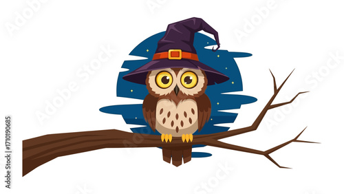Mystic Owl's Night Perch: An enchanting illustration presents a whimsical owl, adorned with a mystical witch hat, perched serenely on a gnarled branch beneath the ethereal glow of a full moon.